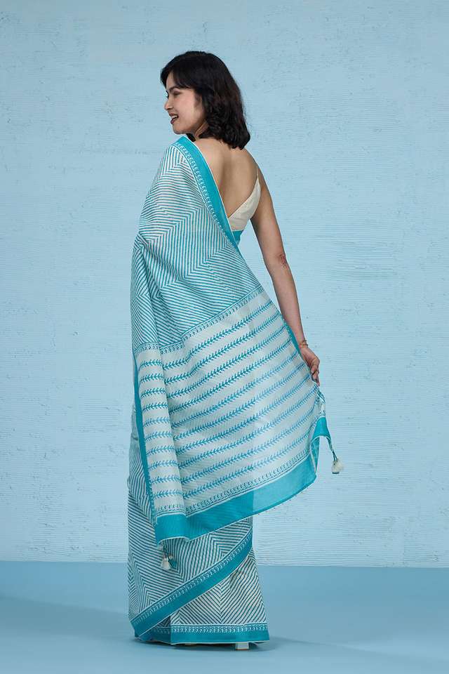 Blue Pure Silk Cotton Block Printed Bengal Saree thumbnail image number null