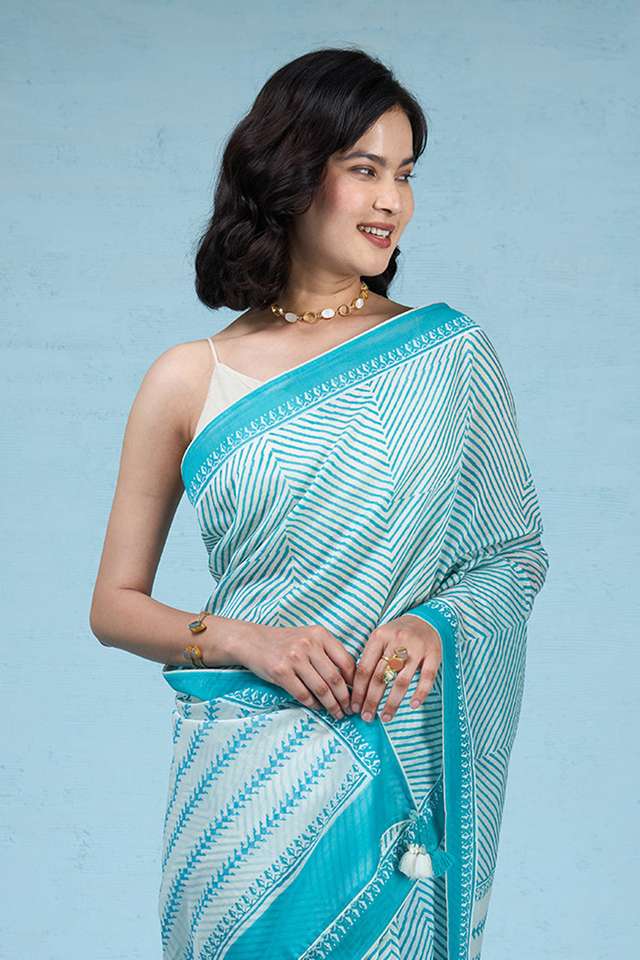 Blue Pure Silk Cotton Block Printed Bengal Saree thumbnail image number null