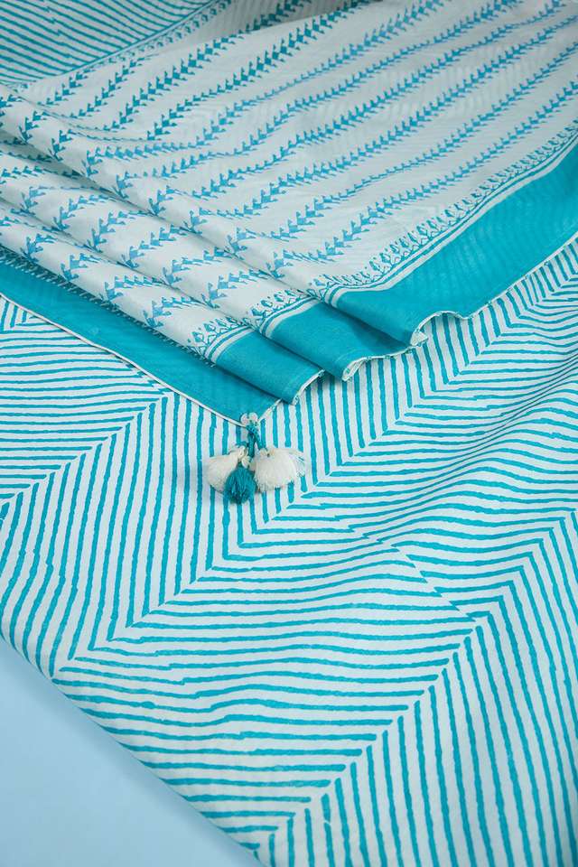 Blue Pure Silk Cotton Block Printed Bengal Saree thumbnail image number null