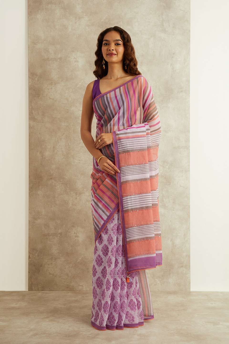 Violet Screen Printed Pure Kota Bengal Saree