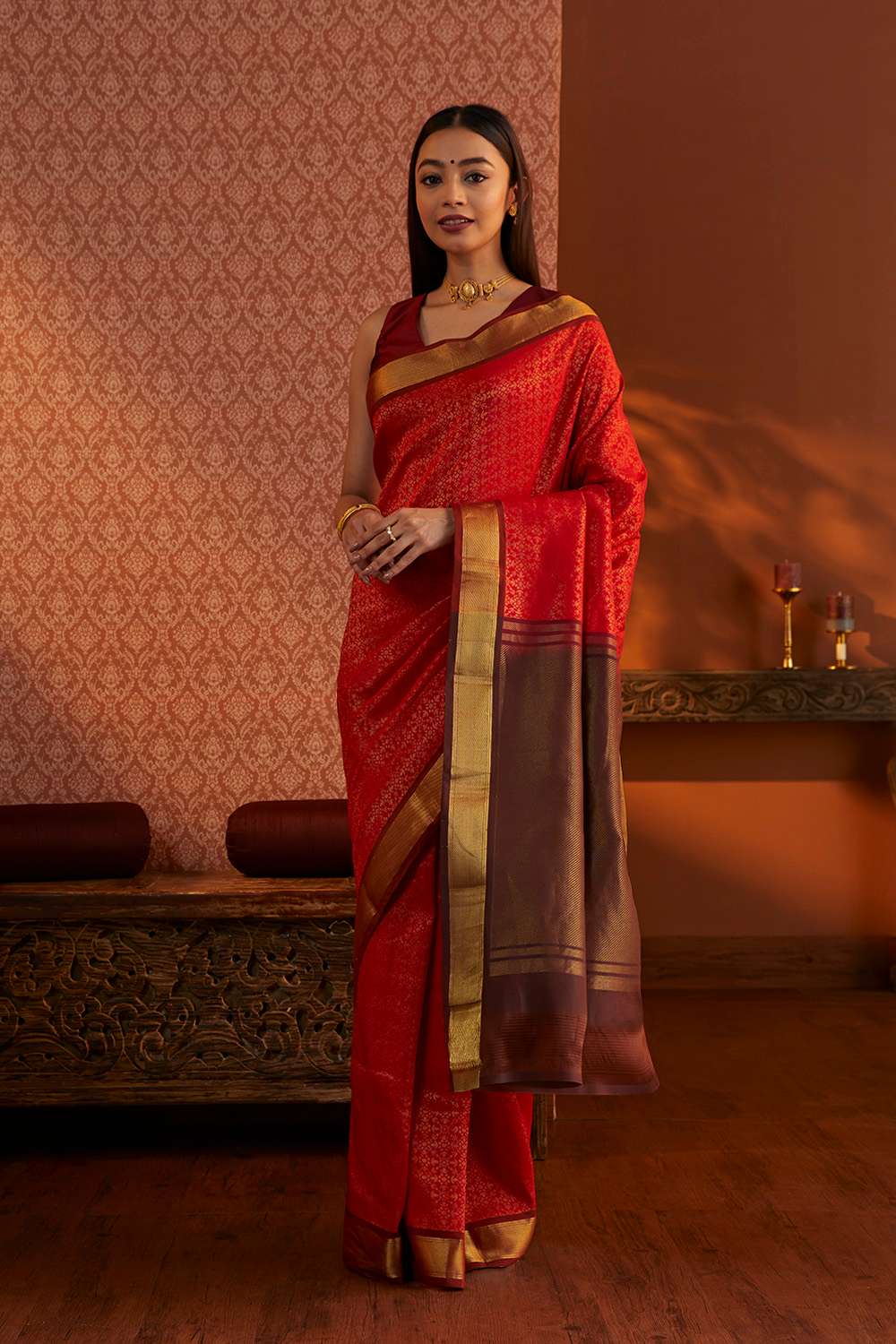 Red Woven South Silk Tencel Saree image number null
