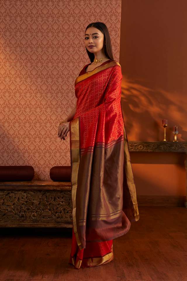 Red Woven South Silk Tencel Saree thumbnail image number null