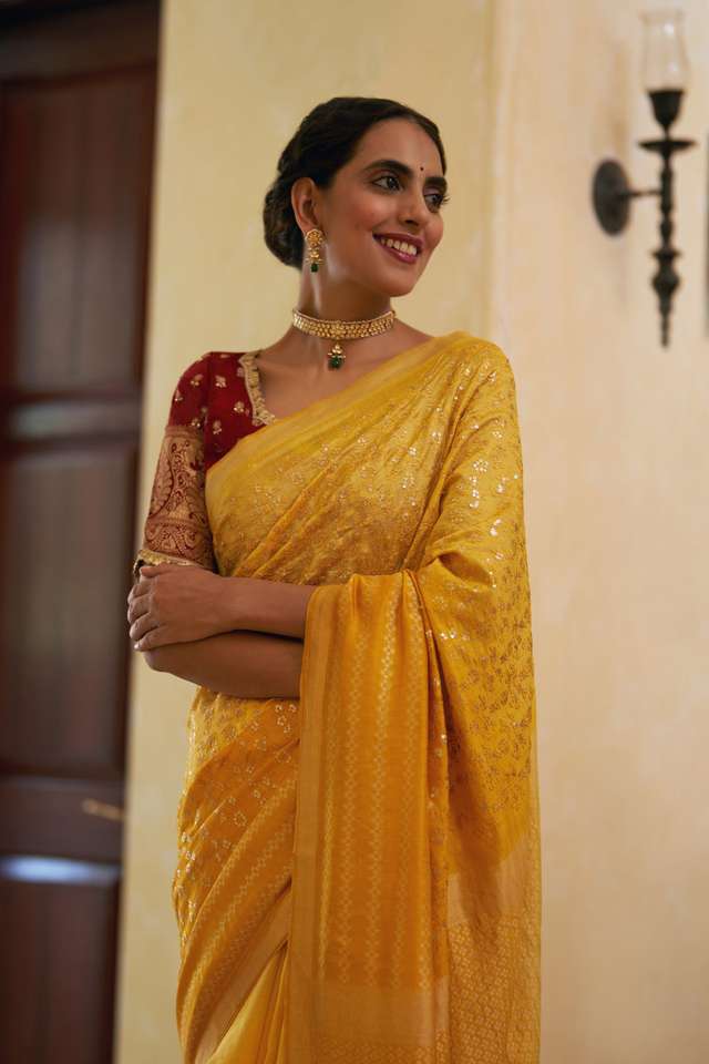 Yellow Pure Silk Organza Embroidery Banarasi Saree image number