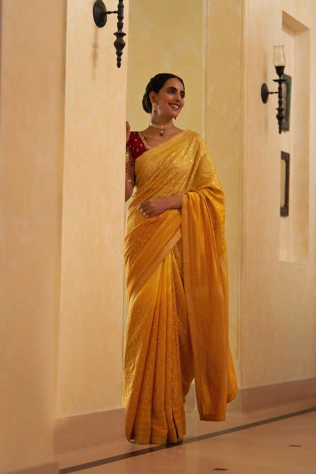 Yellow Pure Silk Organza Embroidery Banarasi Saree thumbnail image number null