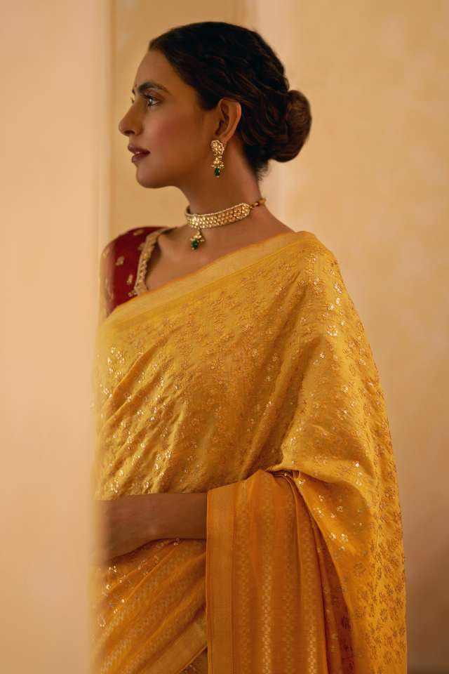 Yellow Pure Silk Organza Embroidery Banarasi Saree thumbnail image number null