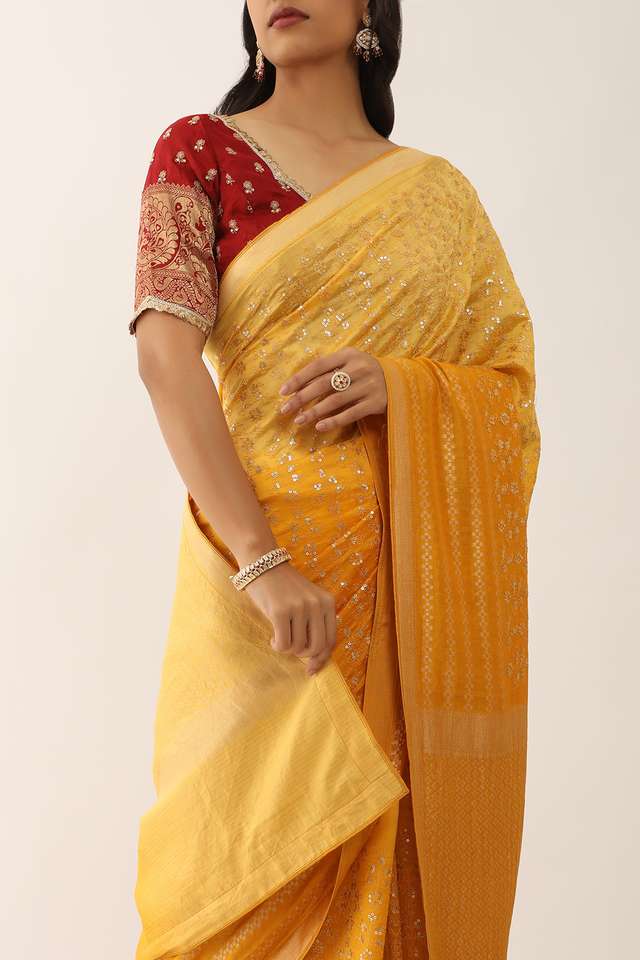 Yellow Pure Silk Organza Embroidery Banarasi Saree thumbnail image number null