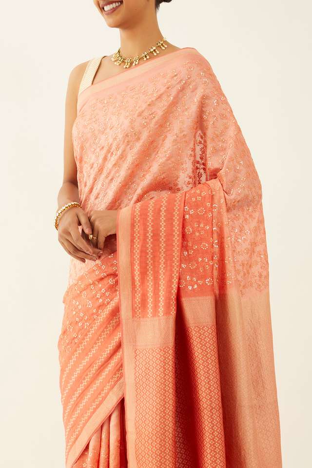 Light Orange Pure Silk Organza Banaras Saree image number