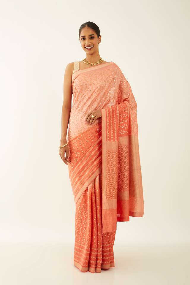 Light Orange Pure Silk Organza Banaras Saree thumbnail image number null
