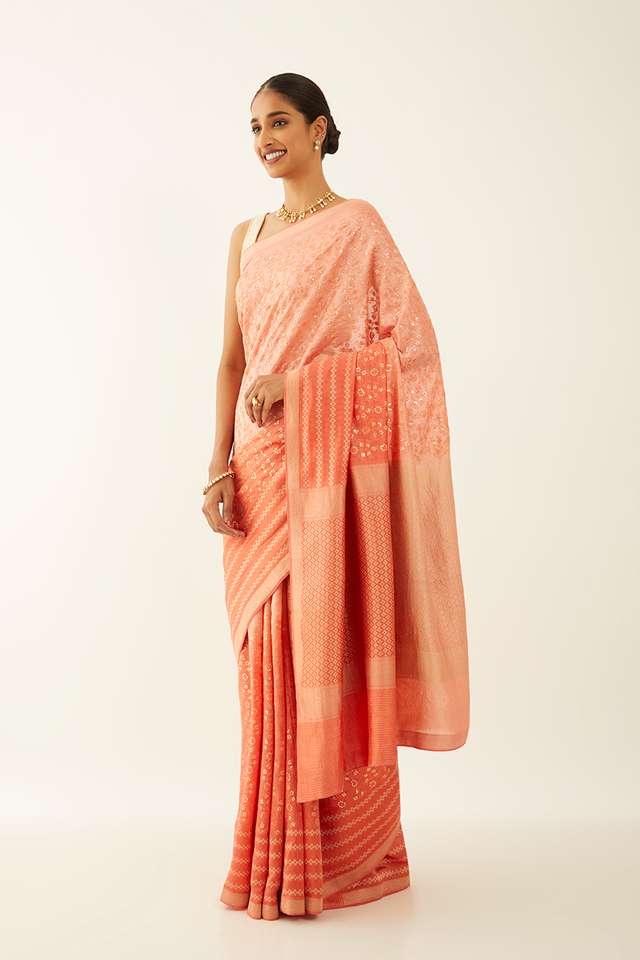 Light Orange Pure Silk Organza Banaras Saree thumbnail image number null