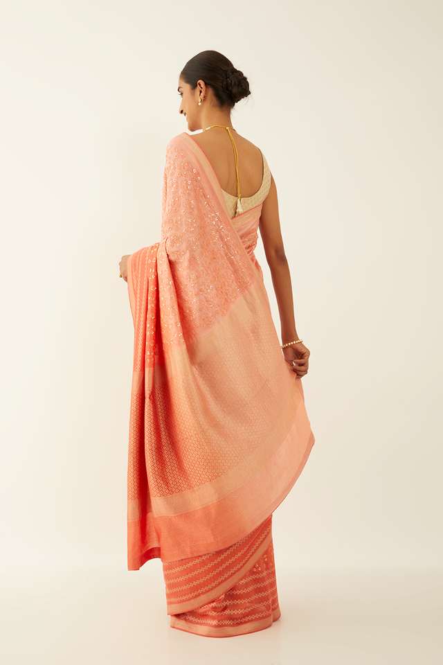 Light Orange Pure Silk Organza Banaras Saree thumbnail image number null