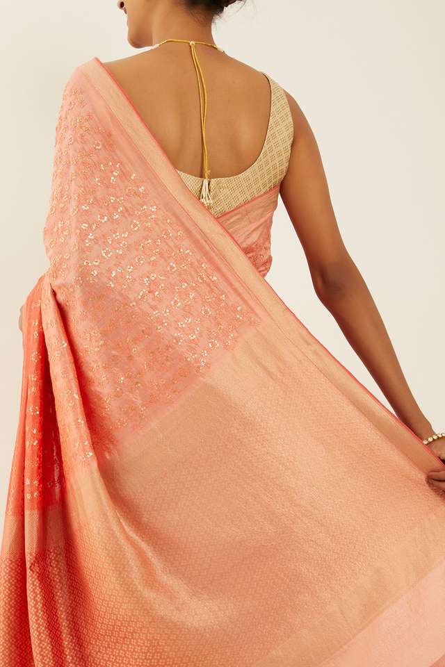 Light Orange Pure Silk Organza Banaras Saree thumbnail image number null