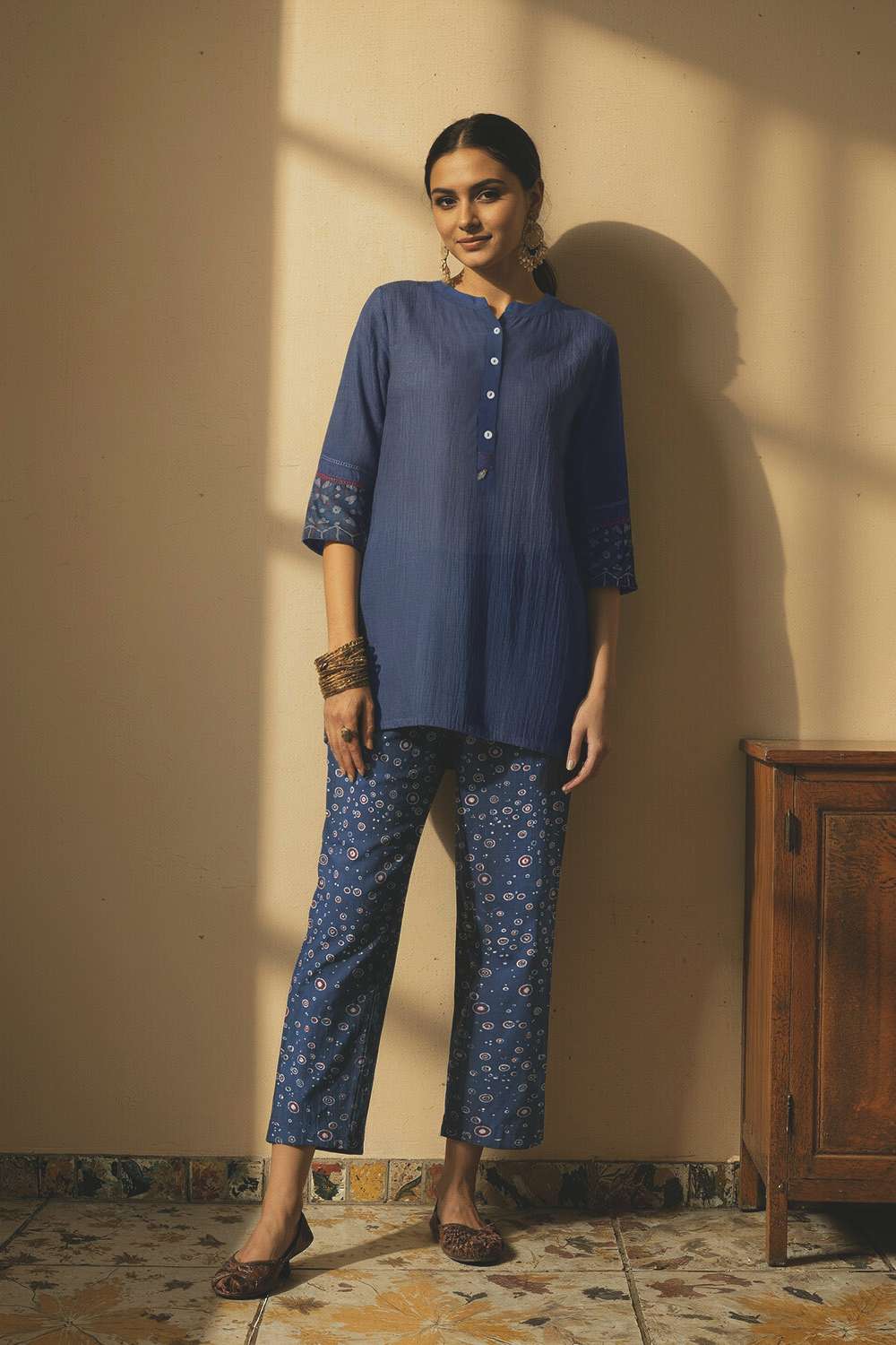 Blue Pure Silk Cotton Ajrakh Short Top image number null