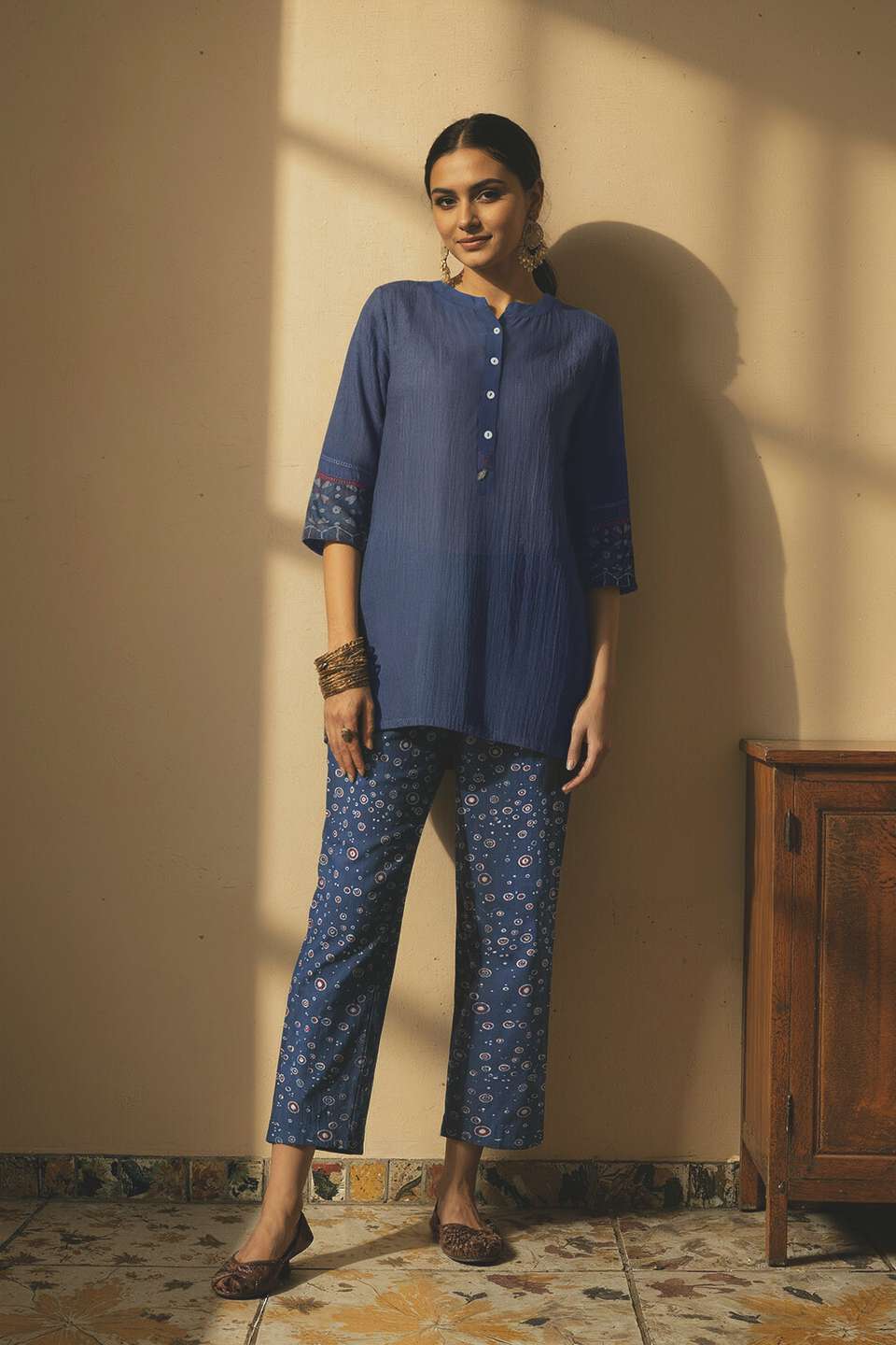 Blue Pure Silk Cotton Ajrakh Short Top