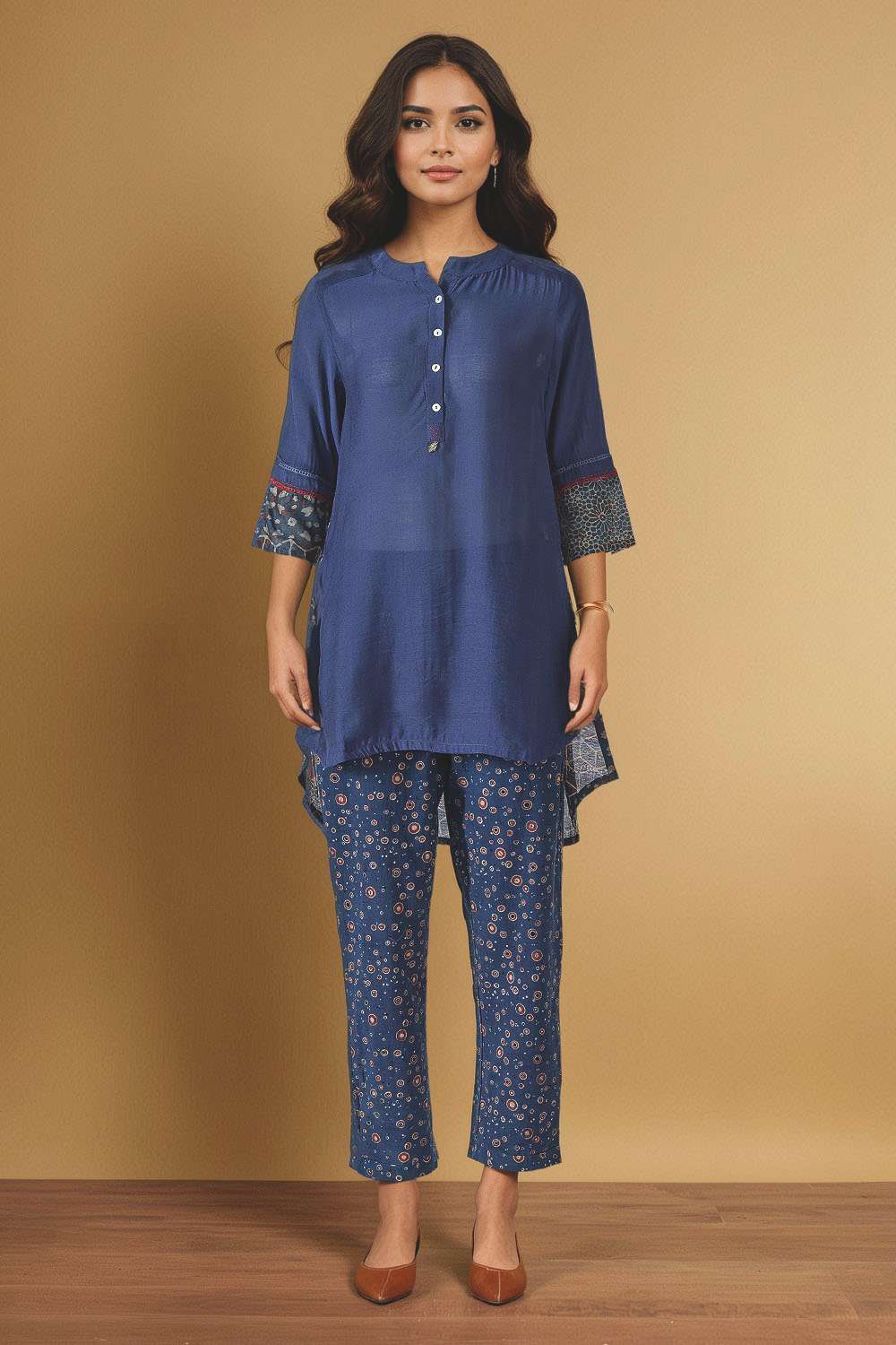 Blue Pure Silk Cotton Ajrakh Short Top image number null