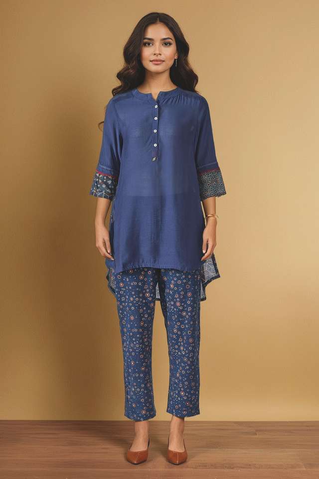 Blue Pure Silk Cotton Ajrakh Short Top thumbnail image number null