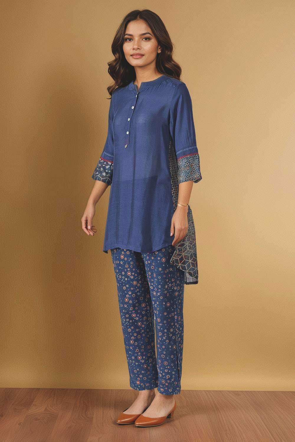 Blue Pure Silk Cotton Ajrakh Short Top image number null