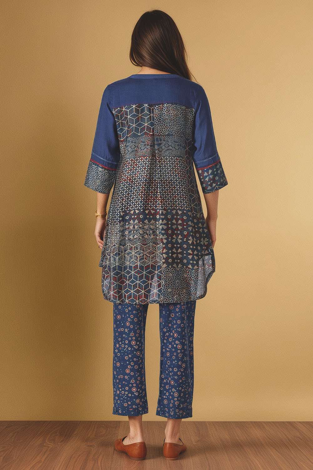 Blue Pure Silk Cotton Ajrakh Short Top image number null
