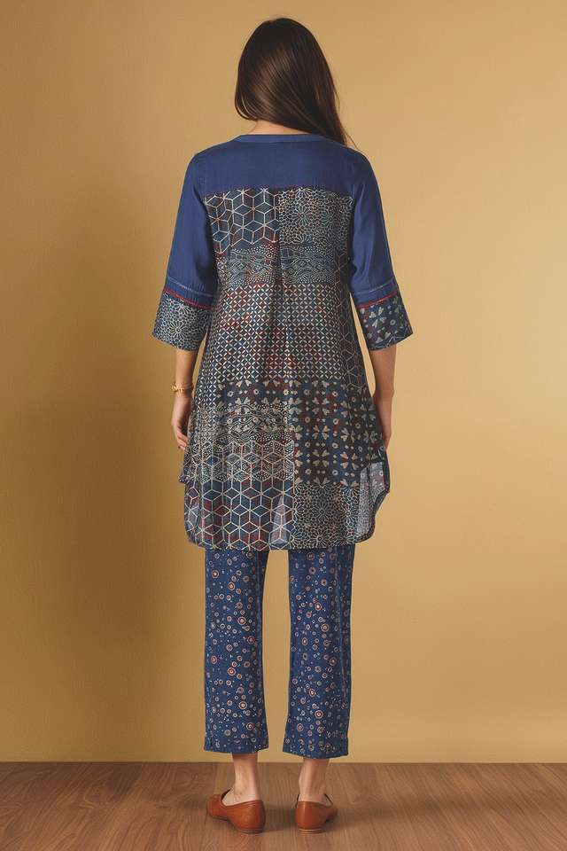 Blue Pure Silk Cotton Ajrakh Short Top thumbnail image number null