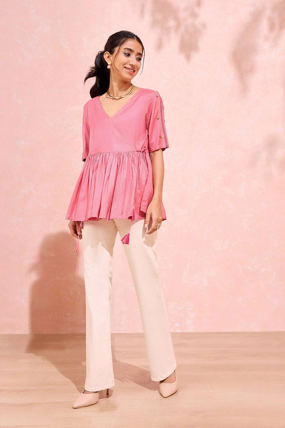 Light Pink Viscose Embroidered Short Top image number null
