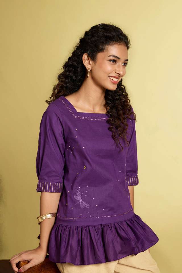 Violet Screen Printed Pure Cotton Short Top thumbnail image number null