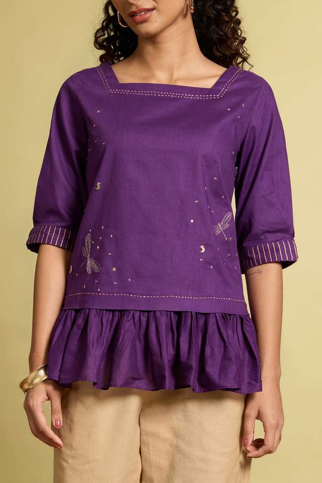 Violet Screen Printed Pure Cotton Short Top thumbnail image number null