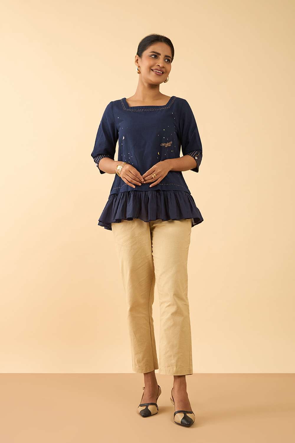 Blue Screen Printed Pure Cotton Short Top image number null