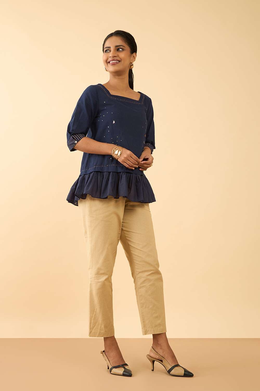 Blue Screen Printed Pure Cotton Short Top image number null