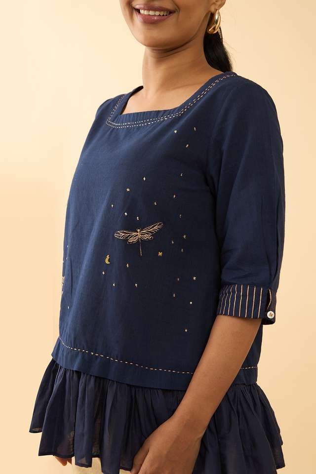 Blue Screen Printed Pure Cotton Short Top thumbnail image number null