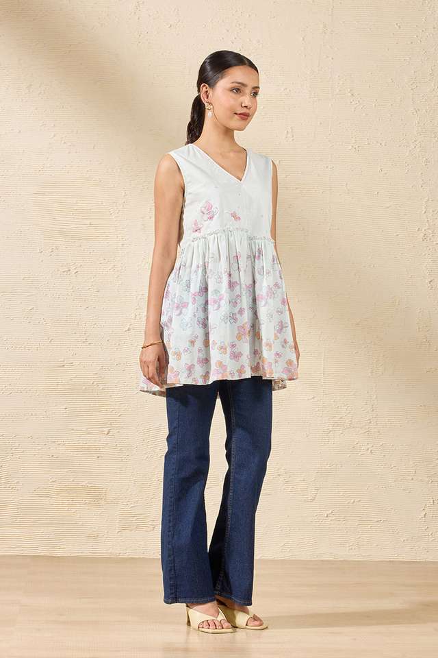 Off White Pure Cotton Printed Sanganeri Short Top thumbnail image number null