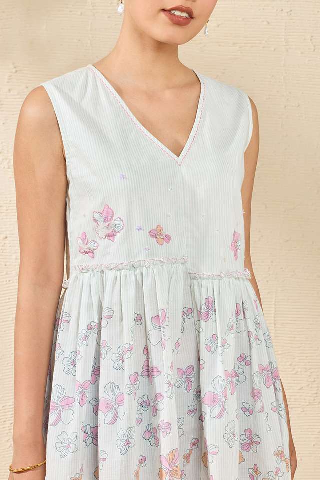 Off White Pure Cotton Printed Sanganeri Short Top thumbnail image number null
