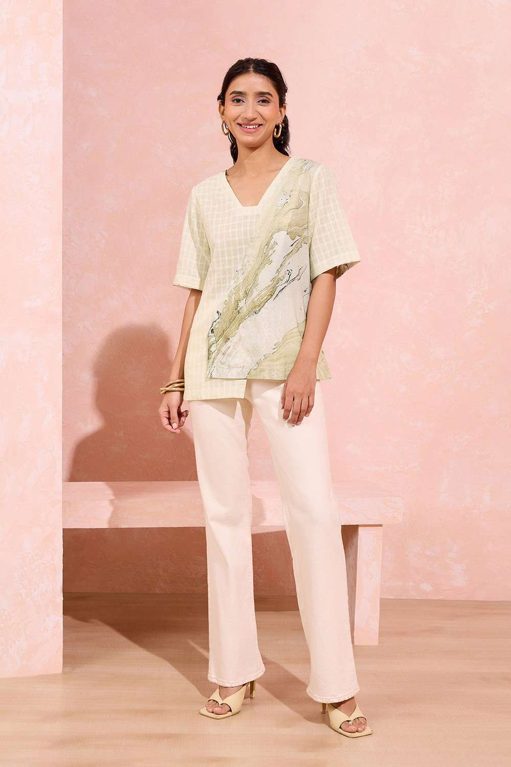 Light Yellow Pure Cotton Marble Printed Short Top image number null