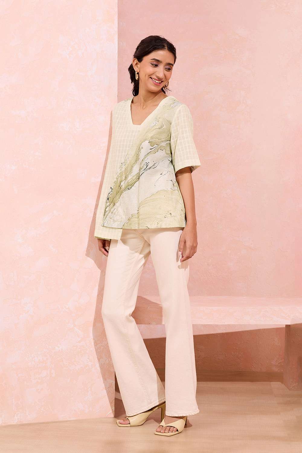 Light Yellow Pure Cotton Marble Printed Short Top image number null