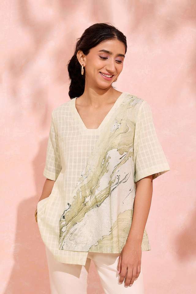 Light Yellow Pure Cotton Marble Printed Short Top thumbnail image number null