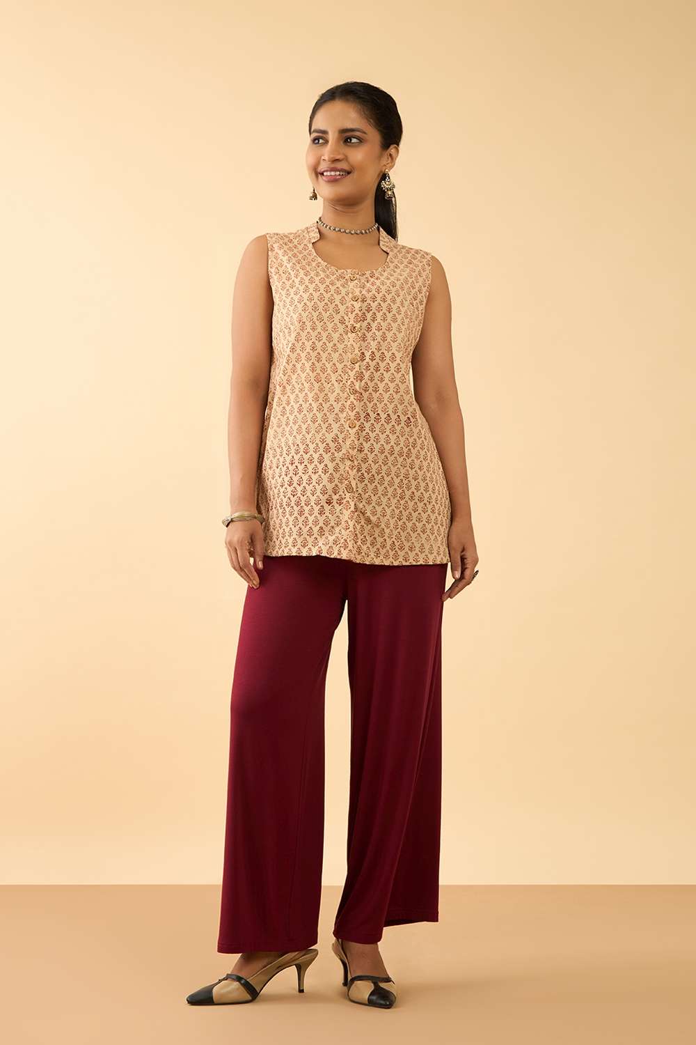 Beige Bagru Block Printed Pure Cotton Short Top image number null