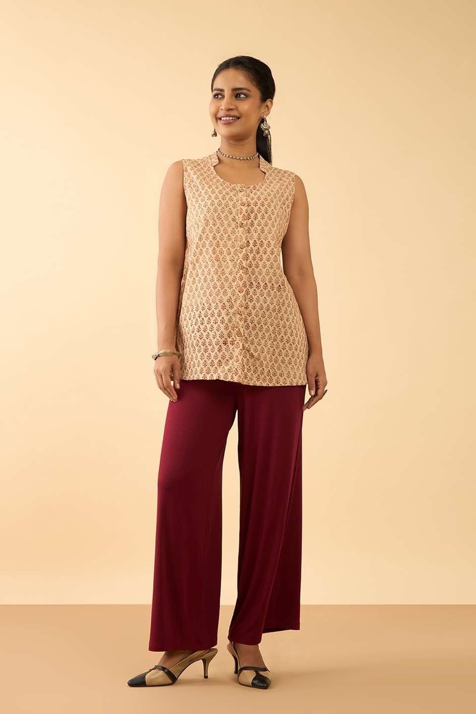 Beige Bagru Block Printed Pure Cotton Short Top