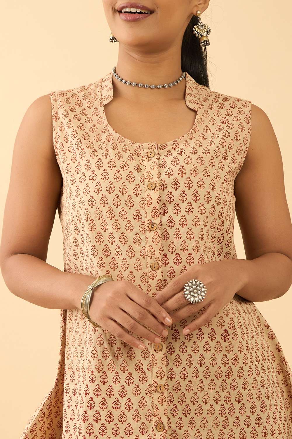Beige Bagru Block Printed Pure Cotton Short Top image number null