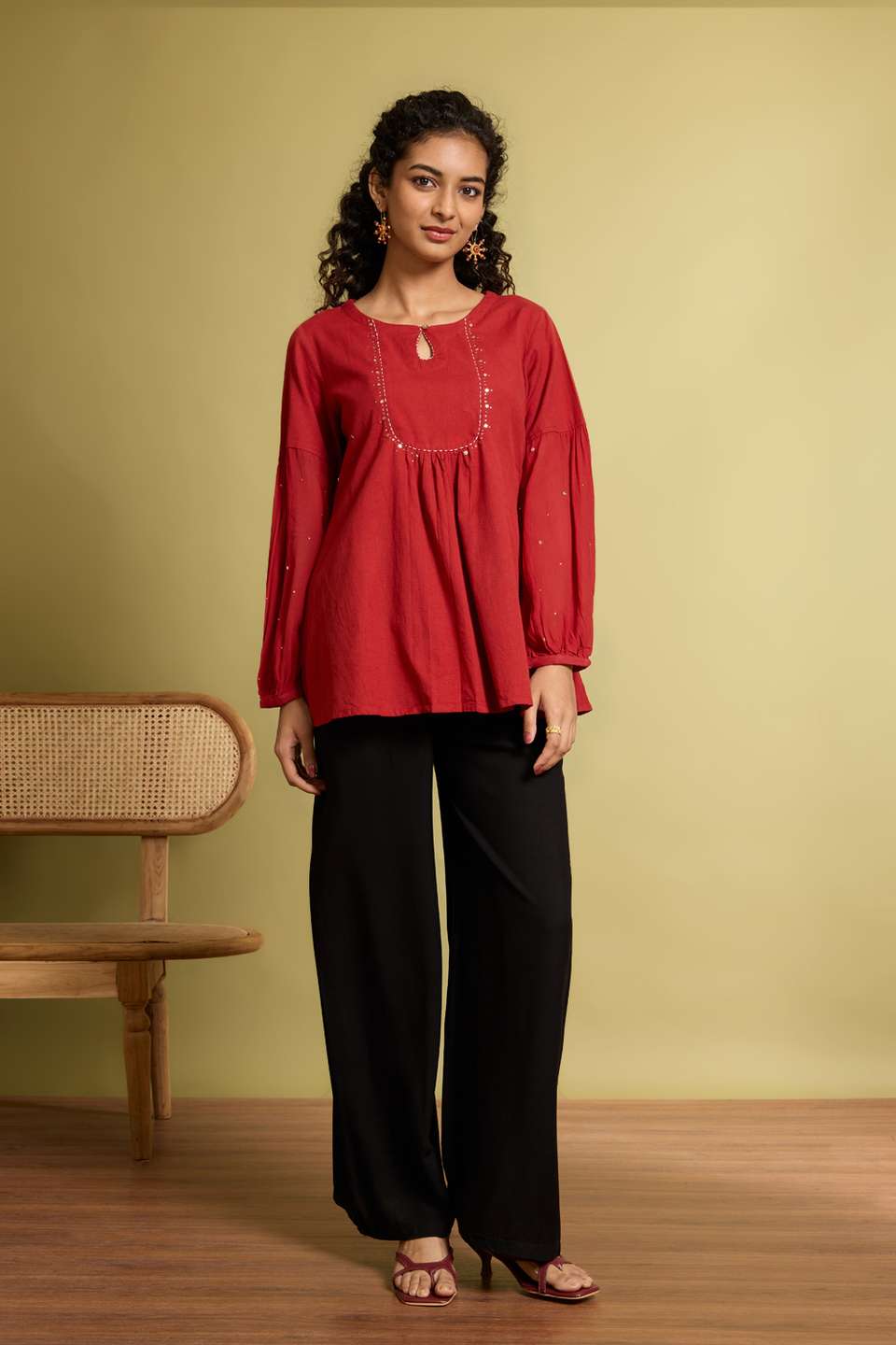 Dark Orange Pure Cotton Linen Mukaish Embroidery Short Top