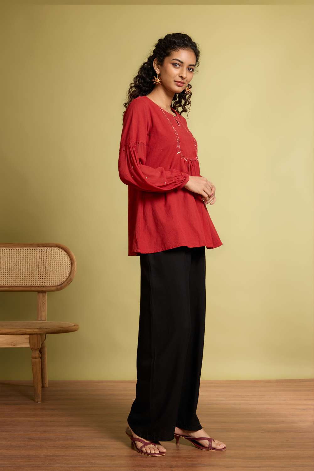 Dark Orange Pure Cotton Linen Mukaish Embroidery Short Top image number null