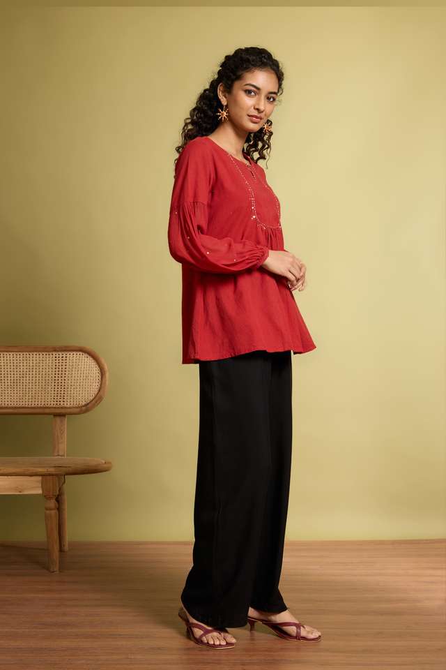 Dark Orange Pure Cotton Linen Mukaish Embroidery Short Top thumbnail image number null
