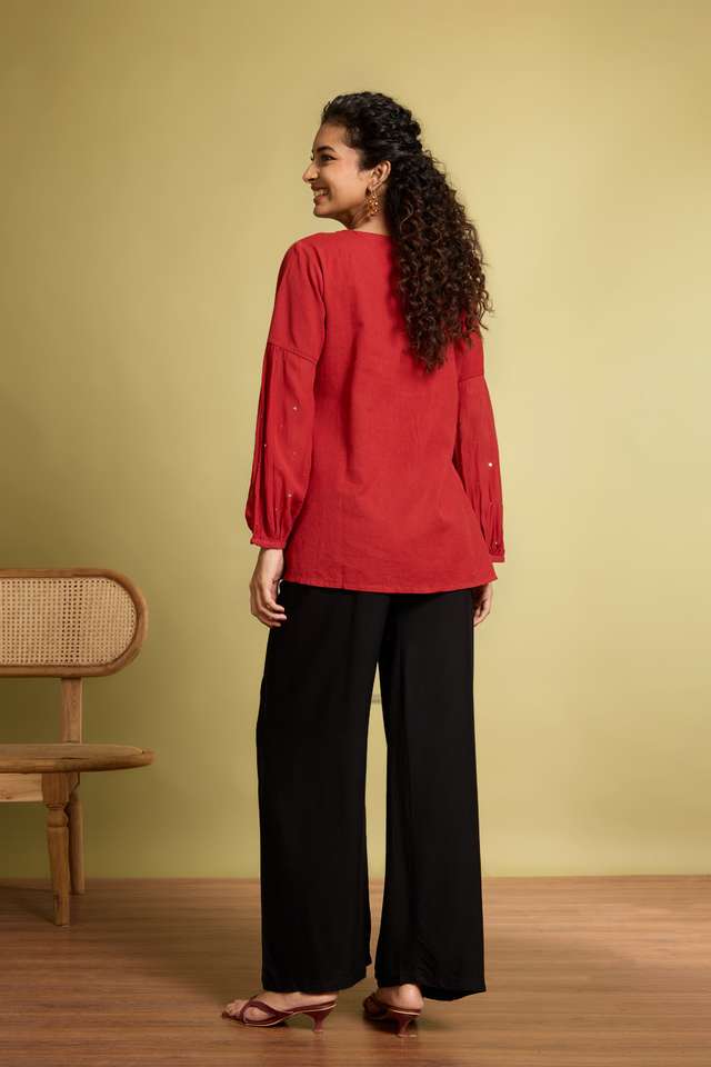 Dark Orange Pure Cotton Linen Mukaish Embroidery Short Top thumbnail image number null