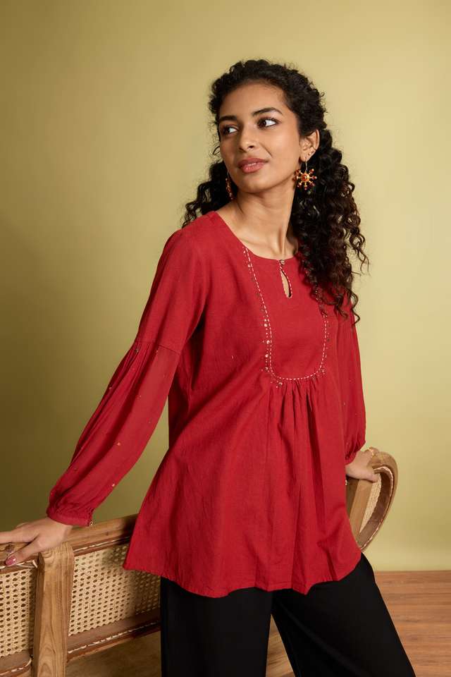 Dark Orange Pure Cotton Linen Mukaish Embroidery Short Top thumbnail image number null