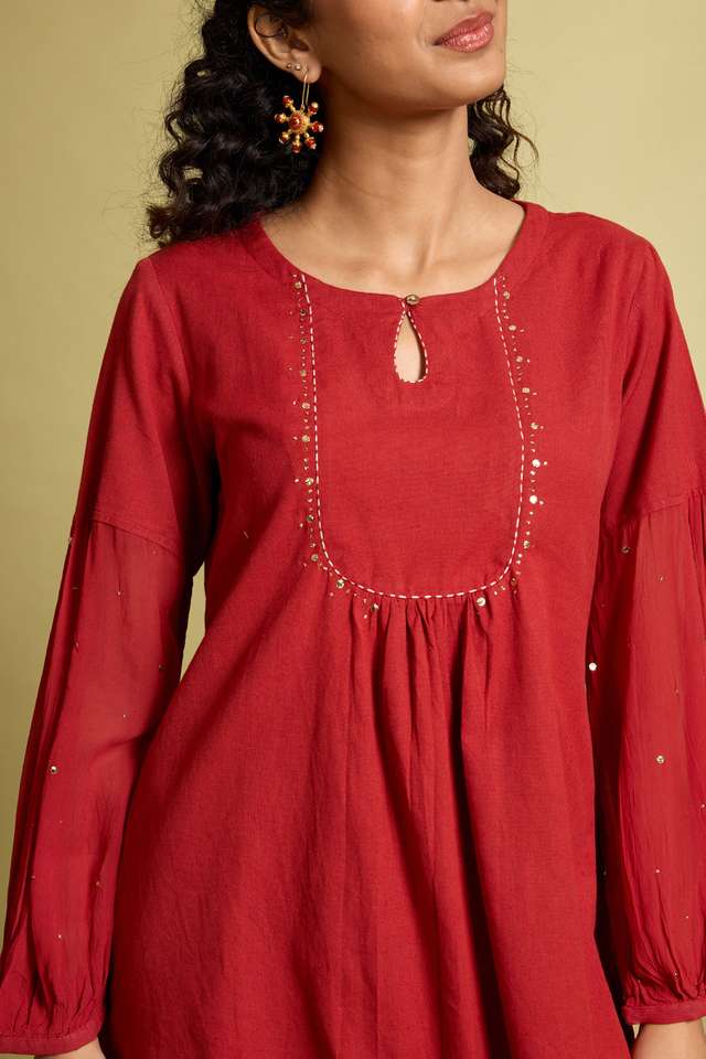 Dark Orange Pure Cotton Linen Mukaish Embroidery Short Top thumbnail image number null