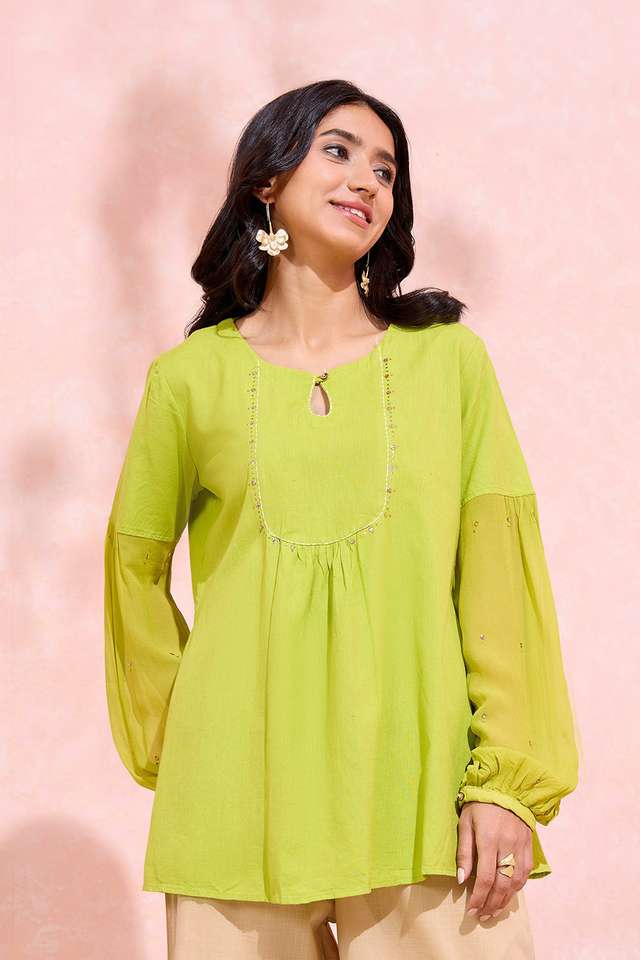 Green Pure Cotton Linen Embroidered Short Top thumbnail image number null