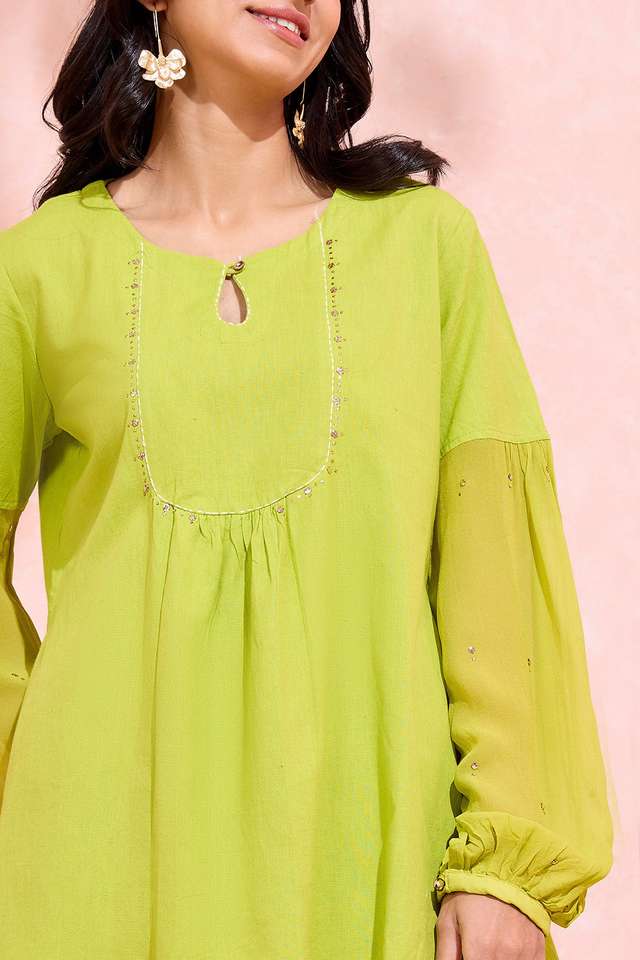 Green Pure Cotton Linen Embroidered Short Top thumbnail image number null