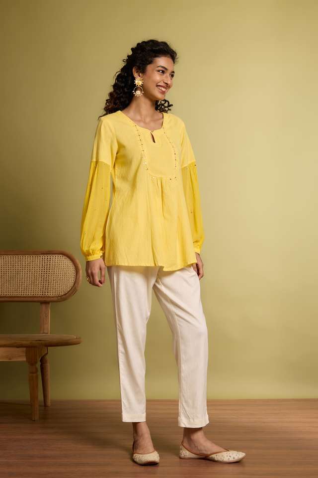 Yellow Pure Cotton Linen Mukaish Embroidered Short Top