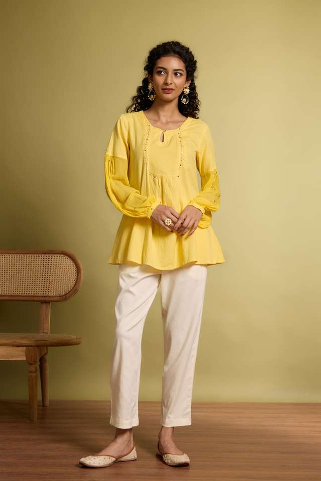 Yellow Pure Cotton Linen Mukaish Embroidered Short Top thumbnail image number null