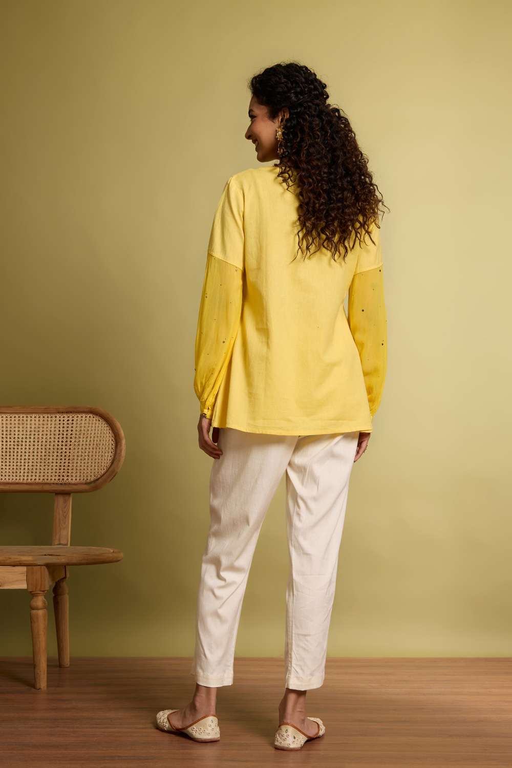 Yellow Pure Cotton Linen Mukaish Embroidered Short Top image number null