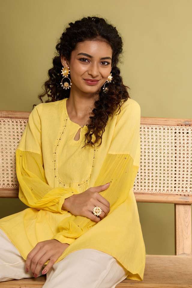 Yellow Pure Cotton Linen Mukaish Embroidered Short Top thumbnail image number null