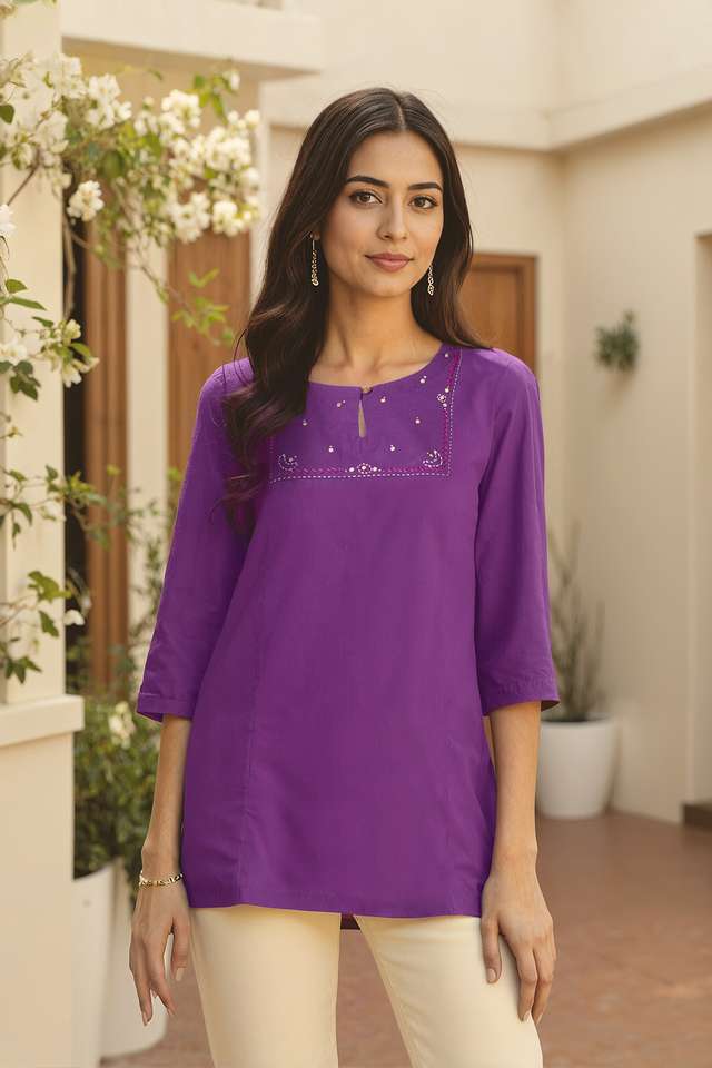Purple Pure Cotton Mukaish Emboridered Short Top image number