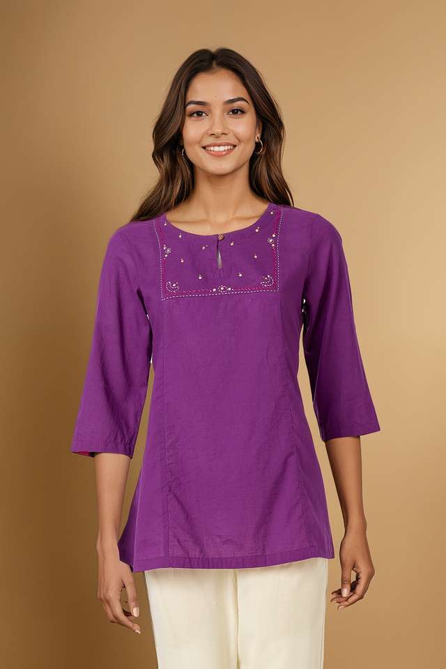 Purple Pure Cotton Mukaish Emboridered Short Top thumbnail image number null